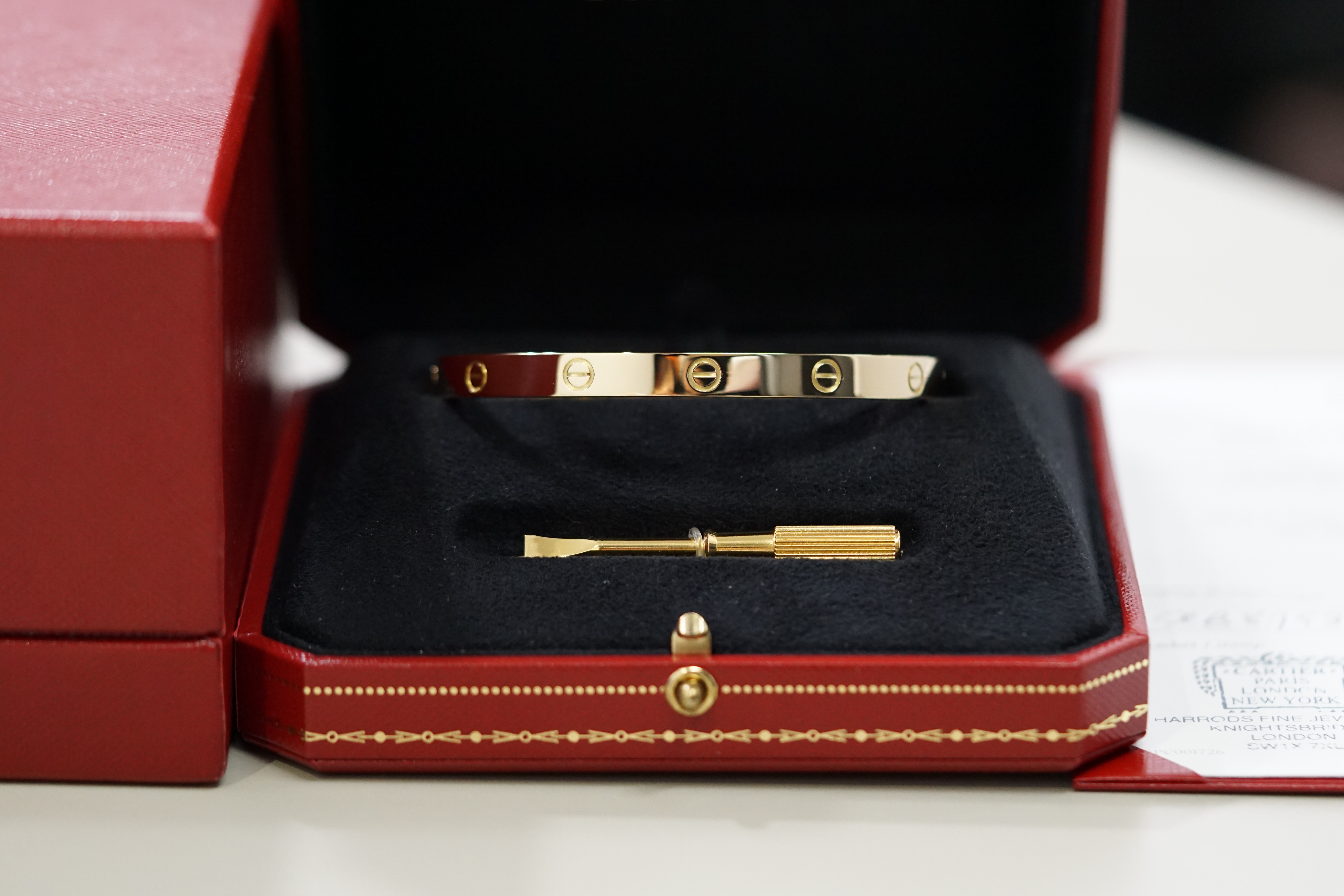 Cartier 18k Yellow Gold Classic Plain Love Bracelet Size 20 B6035520 Box and Papers 2013 