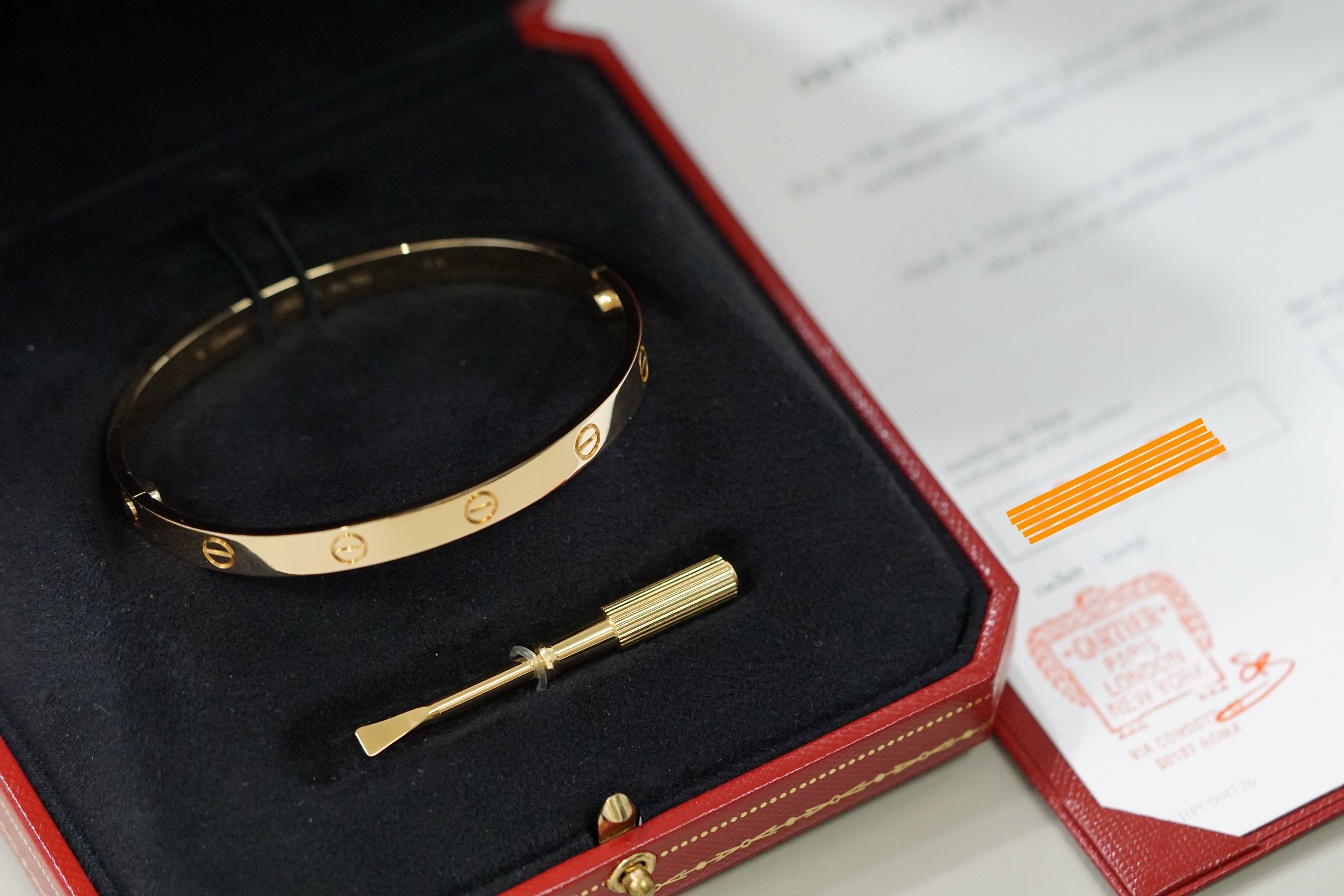 Cartier 18k Yellow Gold Classic Plain Love Bracelet Size 19 B6067519 Box and Papers 